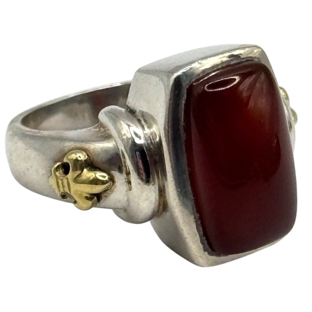 Ann King Sterling Silver 925 18K Gold Accent Fleur de Lis Carnelian Ring Size 7
